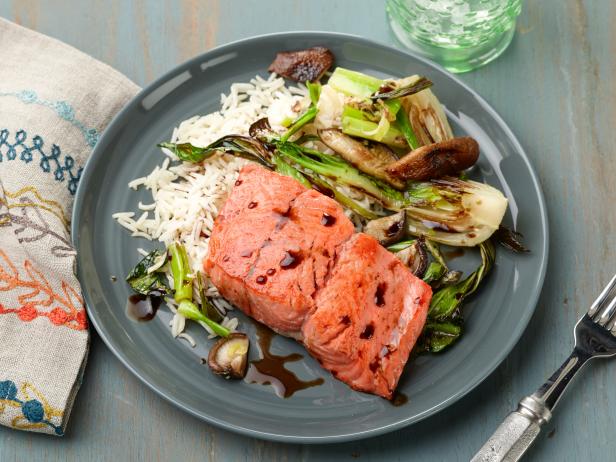 Miso-Glazed Pan-Seared Salmon with Steamed Rice and Bok Choy