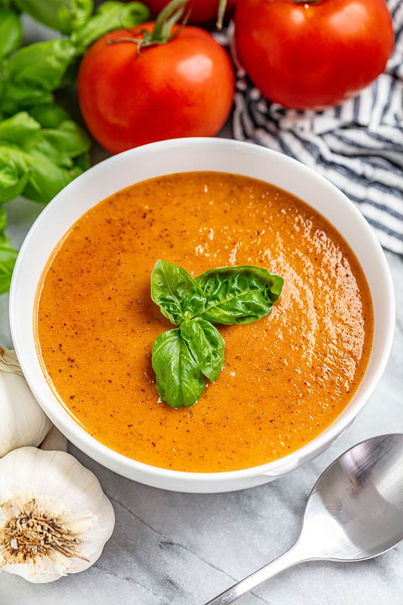 Slow-Simmered Tomato Basil Soup with Roasted Garlic