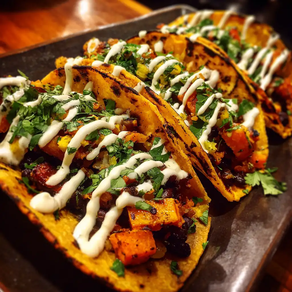 Pan-Fried Black Bean and Sweet Potato Tacos with Lime Crema