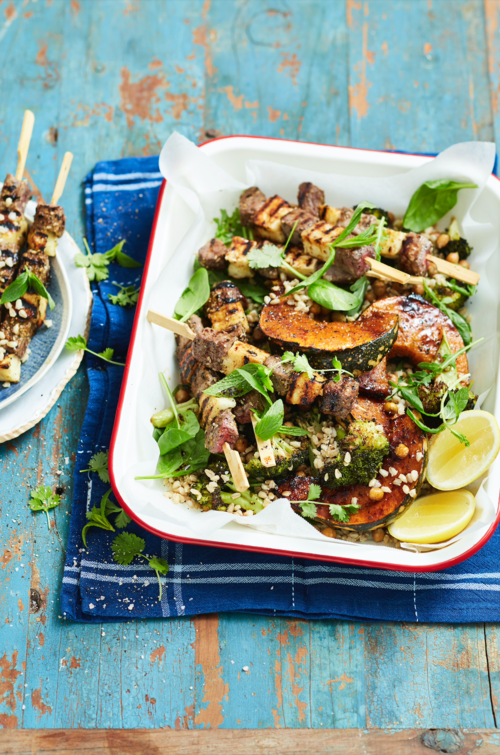 Roasted Lamb Skewers with Barley Salad