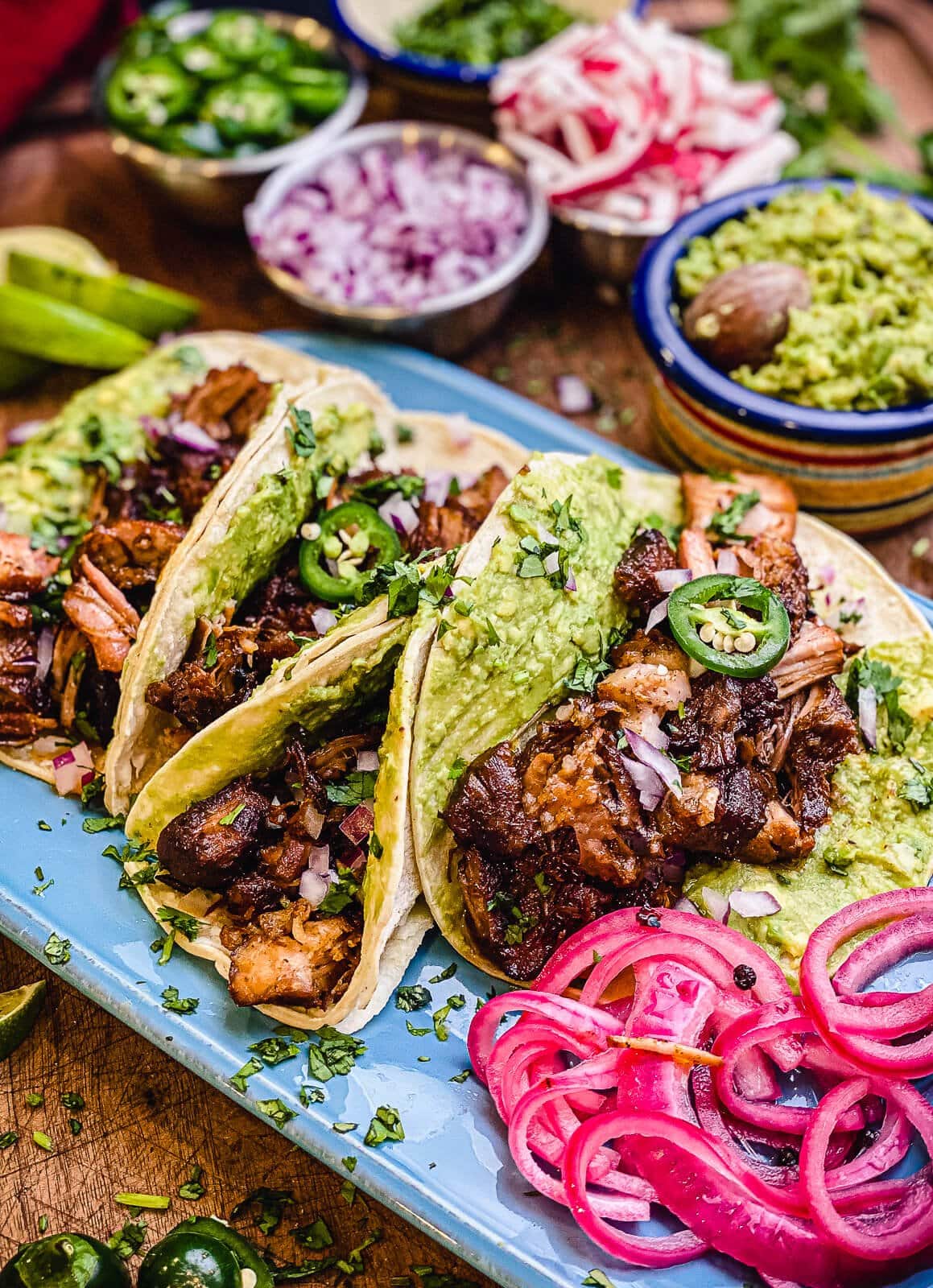 Grilled Pork Carnitas Tacos with Pickled Onions