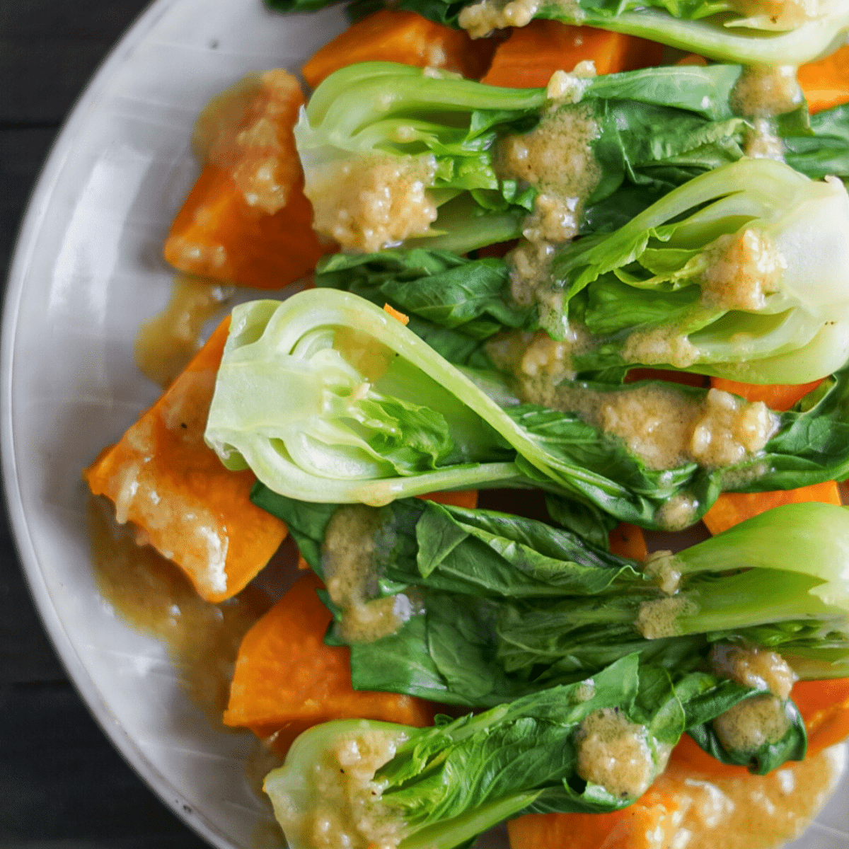 Miso-Glazed Roasted Sweet Potatoes with Bok Choy