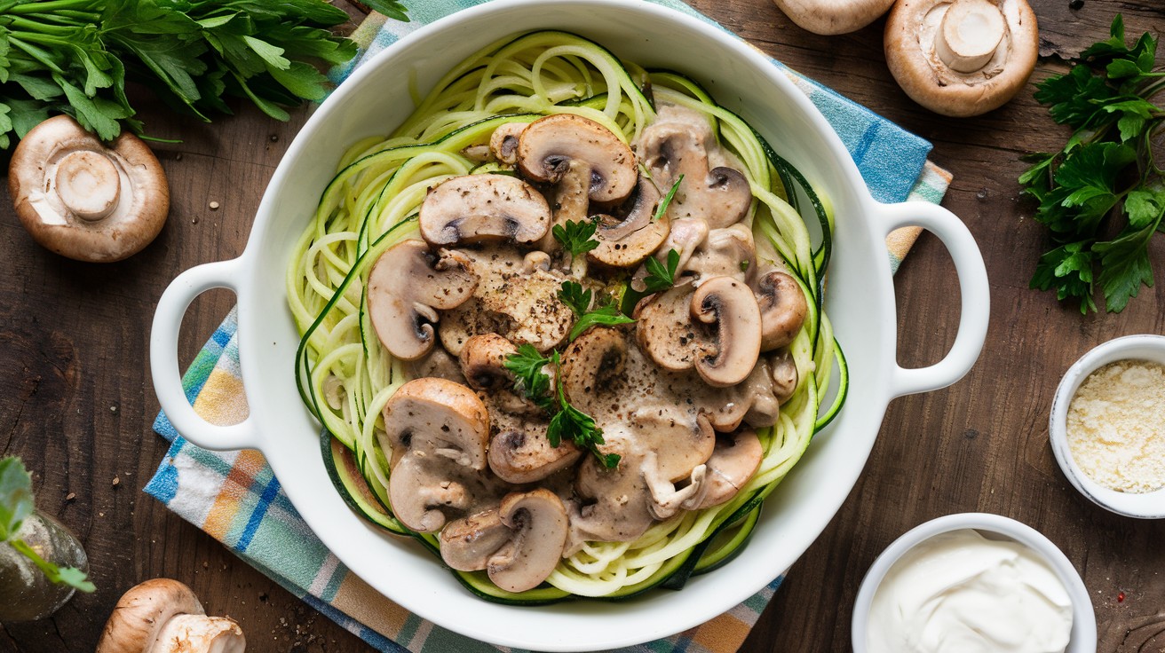 Sautéed Chicken and Mushroom Stroganoff with Zucchini Noodles
