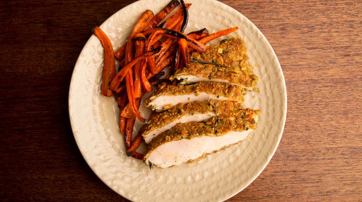 Pumpkin Seed-Crusted Chicken with Roasted Sweet Potatoes