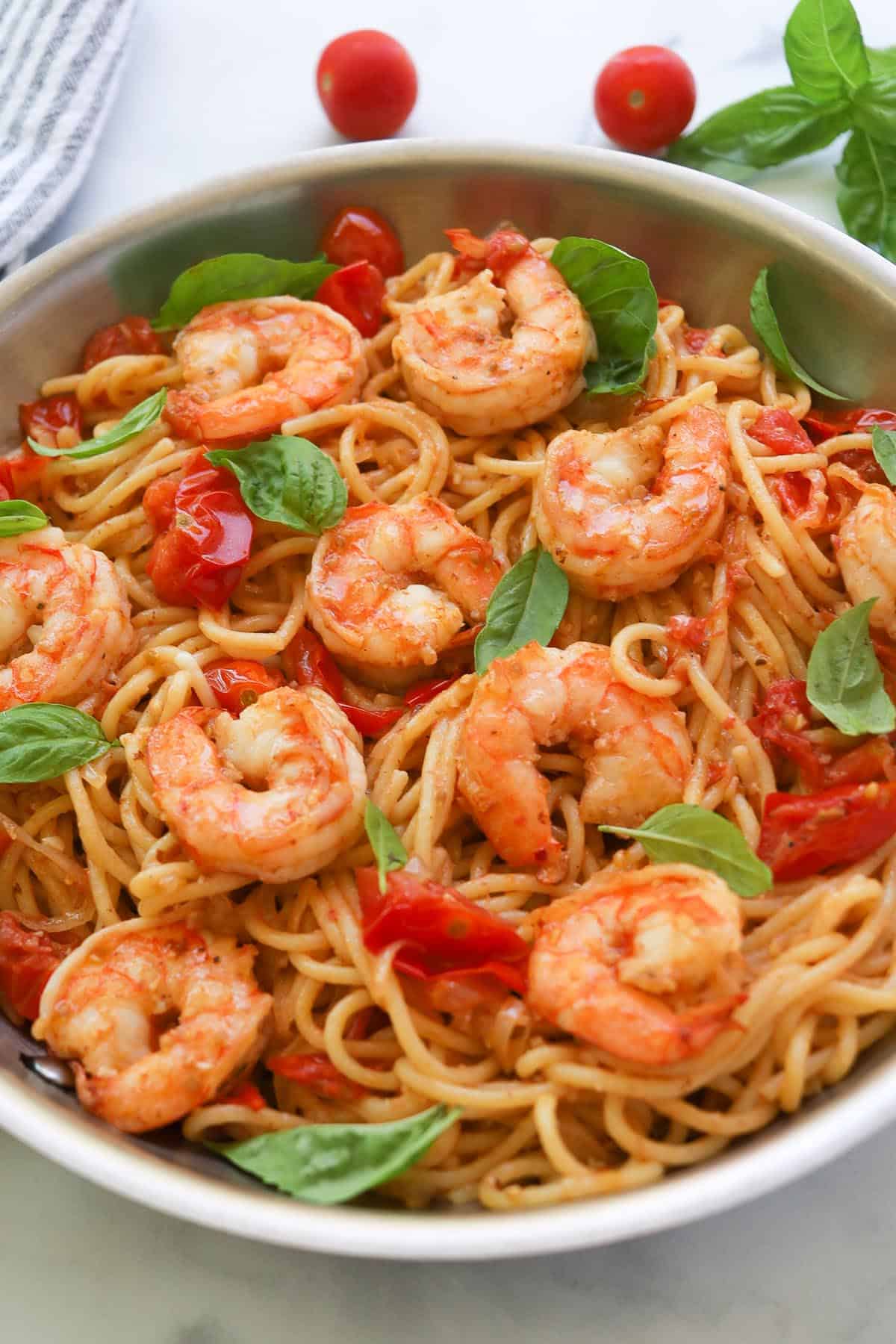 Sautéed Shrimp Pasta with Cherry Tomatoes and Fresh Basil