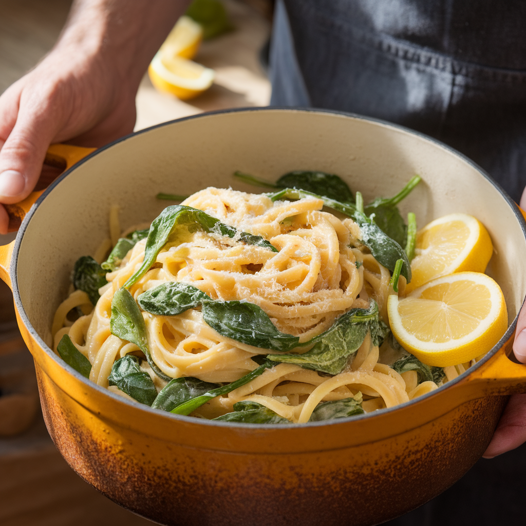 One-Pot Lemon Garlic White Bean and Spinach Pasta