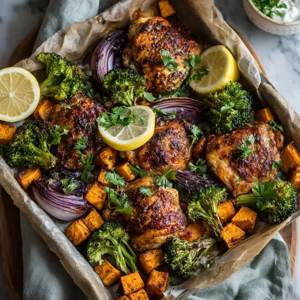 Sheet Pan Herb-Roasted Chicken with Sweet Potatoes and Broccoli
