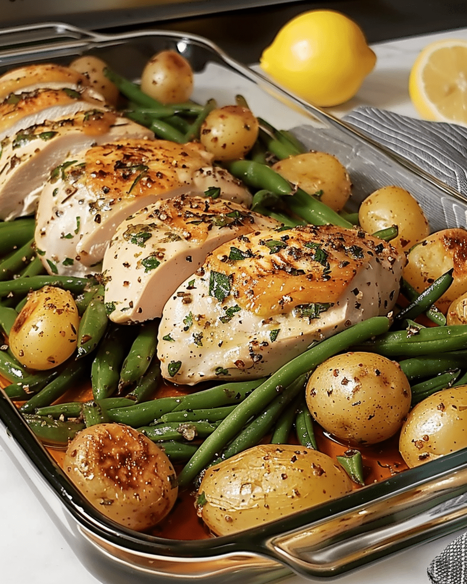 Dill-Mustard Chicken with Roasted Potatoes and Green Beans