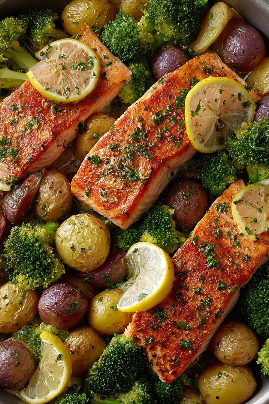 Lemon-Dill Salmon with Roasted Sweet Potatoes and Broccoli