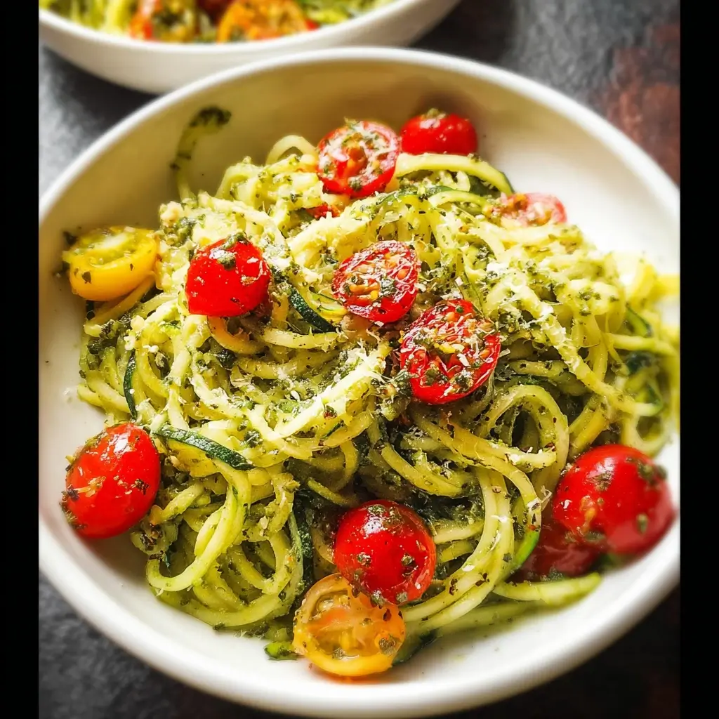 Tangy Cashew Pesto Zucchini Noodles with Cherry Tomatoes