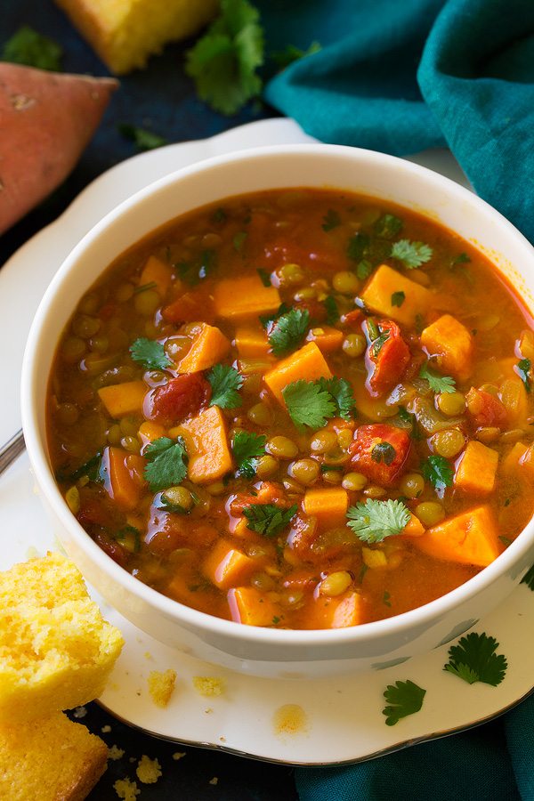 Slow-Simmered Lentil and Sweet Potato Soup with Herbs