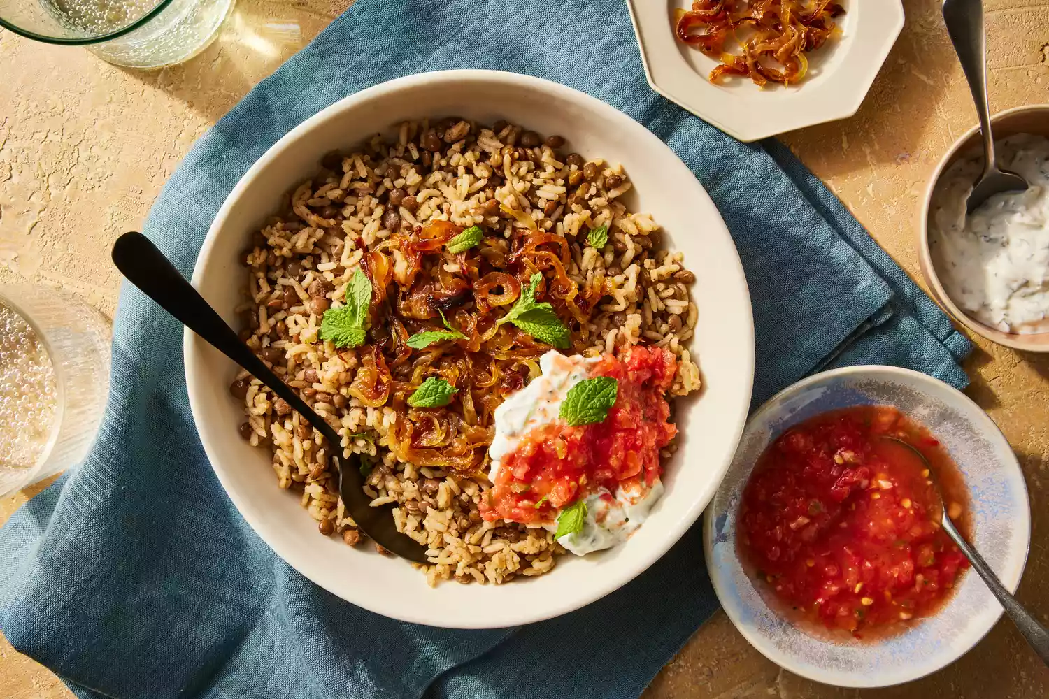 Simmered Lentil and Rice with Caramelized Onions and Pine Nut Yogurt