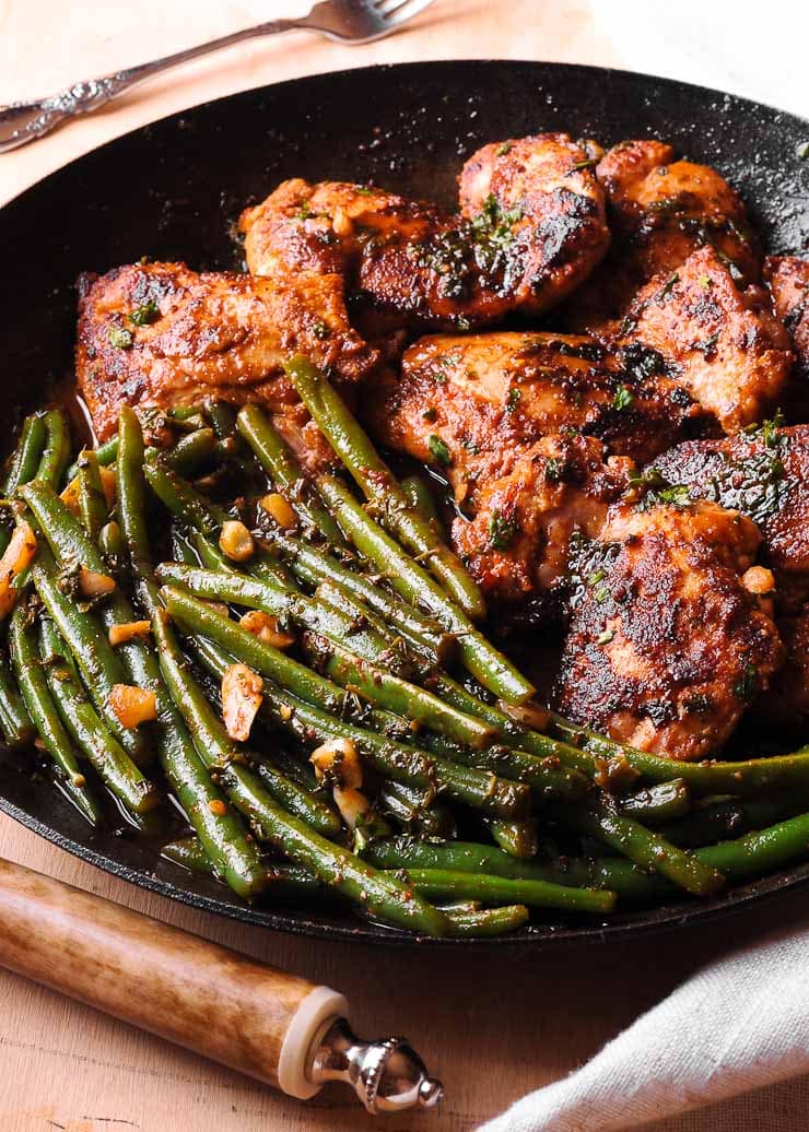 Herb-Roasted Chicken Thighs with Crispy Garlic Green Beans