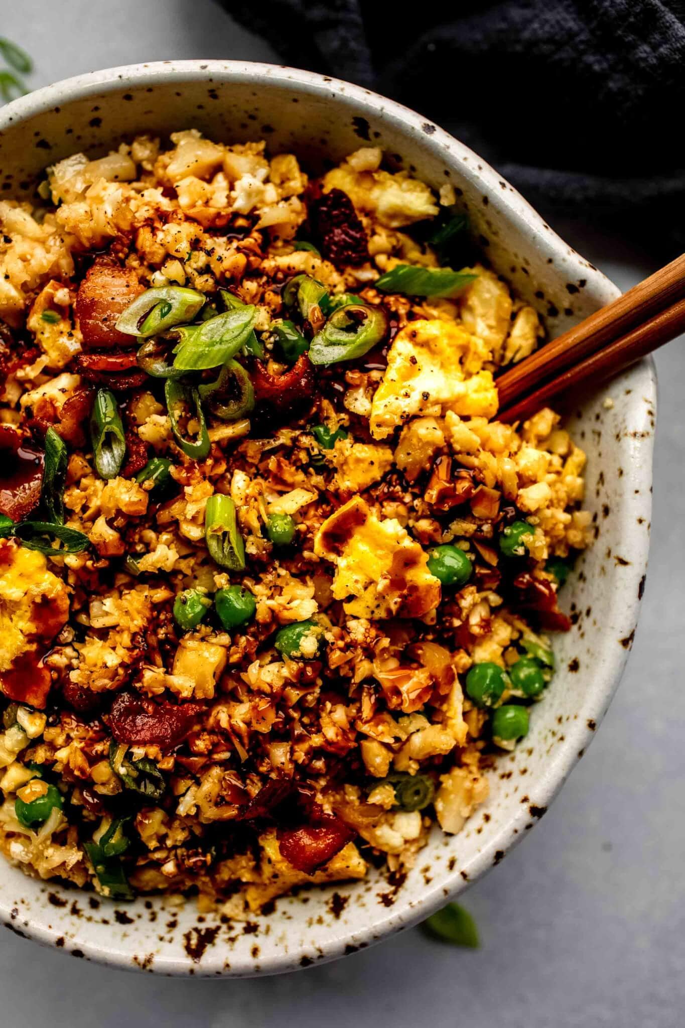Cauliflower 'Rice' Fried with Crispy Bacon and Green Onions
