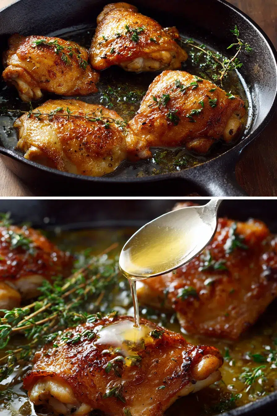 Crispy Skin Pan-Seared Chicken Thighs with Garlic and Thyme