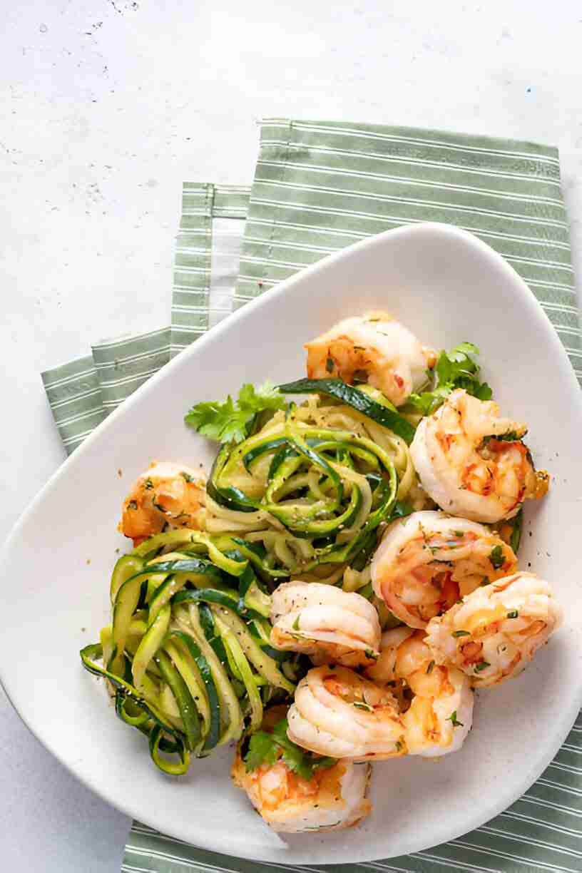 Sautéed Shrimp with Zucchini Noodles and Basil Pesto