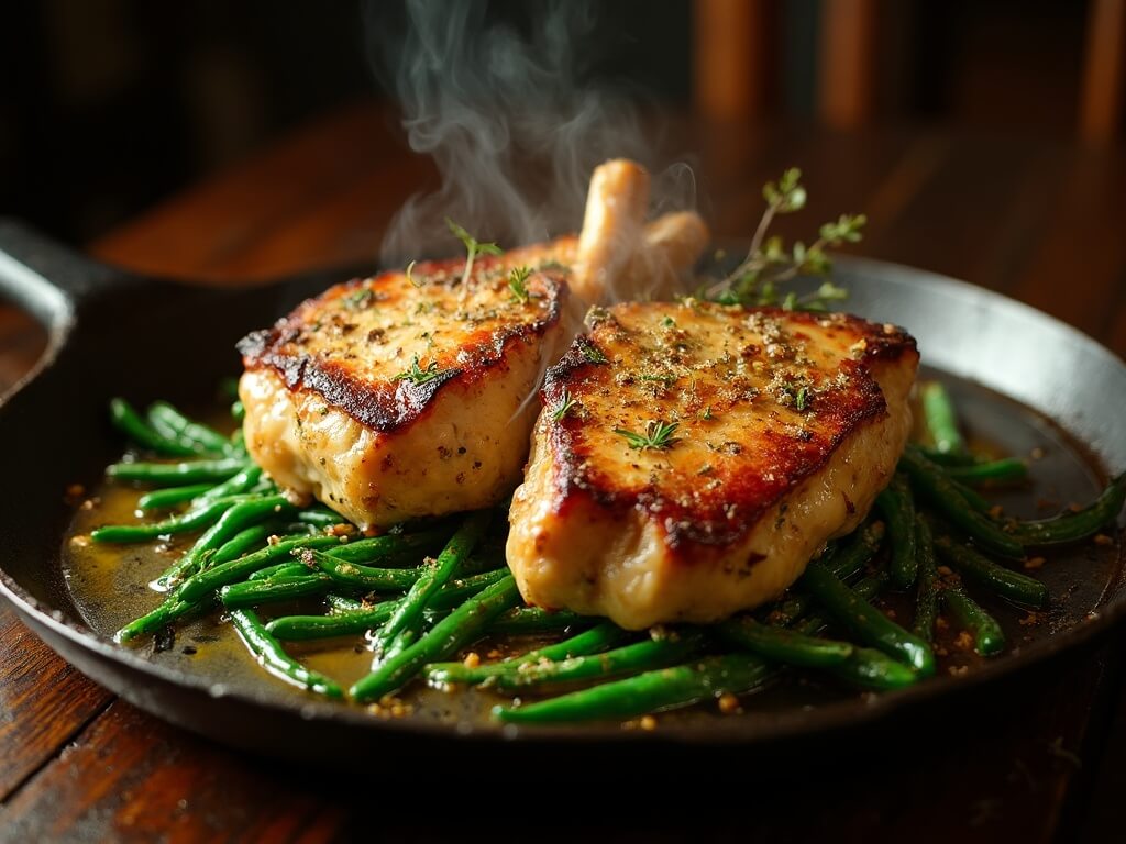 Pan-Seared Pork Chops with Garlic Butter and Steamed Green Beans
