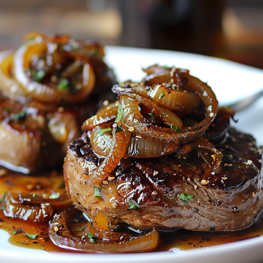 Pan-Seared Beef with Caramelized Onions and Gruyère