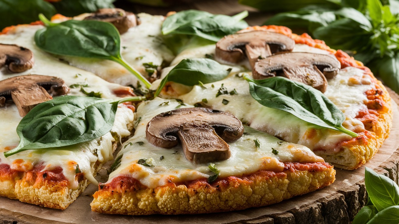 Baked Cauliflower Pizza Crust with Mushrooms and Spinach