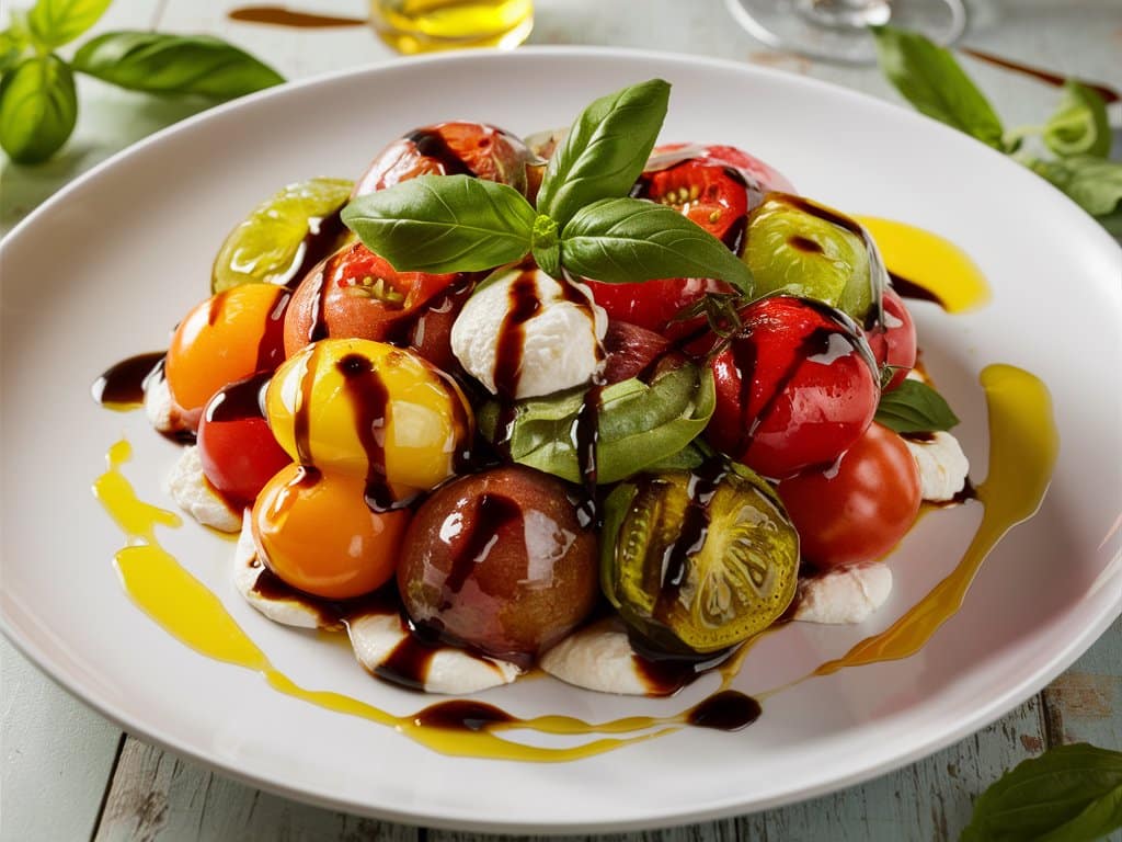 Chilled Heirloom Tomato and Basil Salad with Balsamic Reduction
