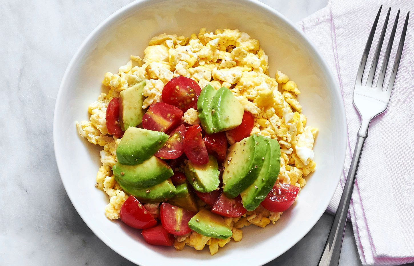 Herb-Scrambled Eggs with Avocado and Heirloom Tomatoes
