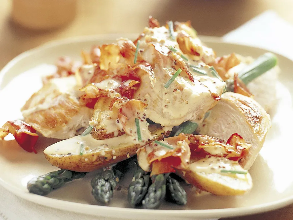 Pan-Seared Chicken with Garlic Cream Sauce and Asparagus