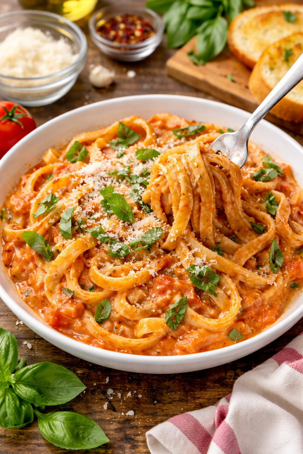 Tomato-Basil Fettuccine with Roasted Garlic
