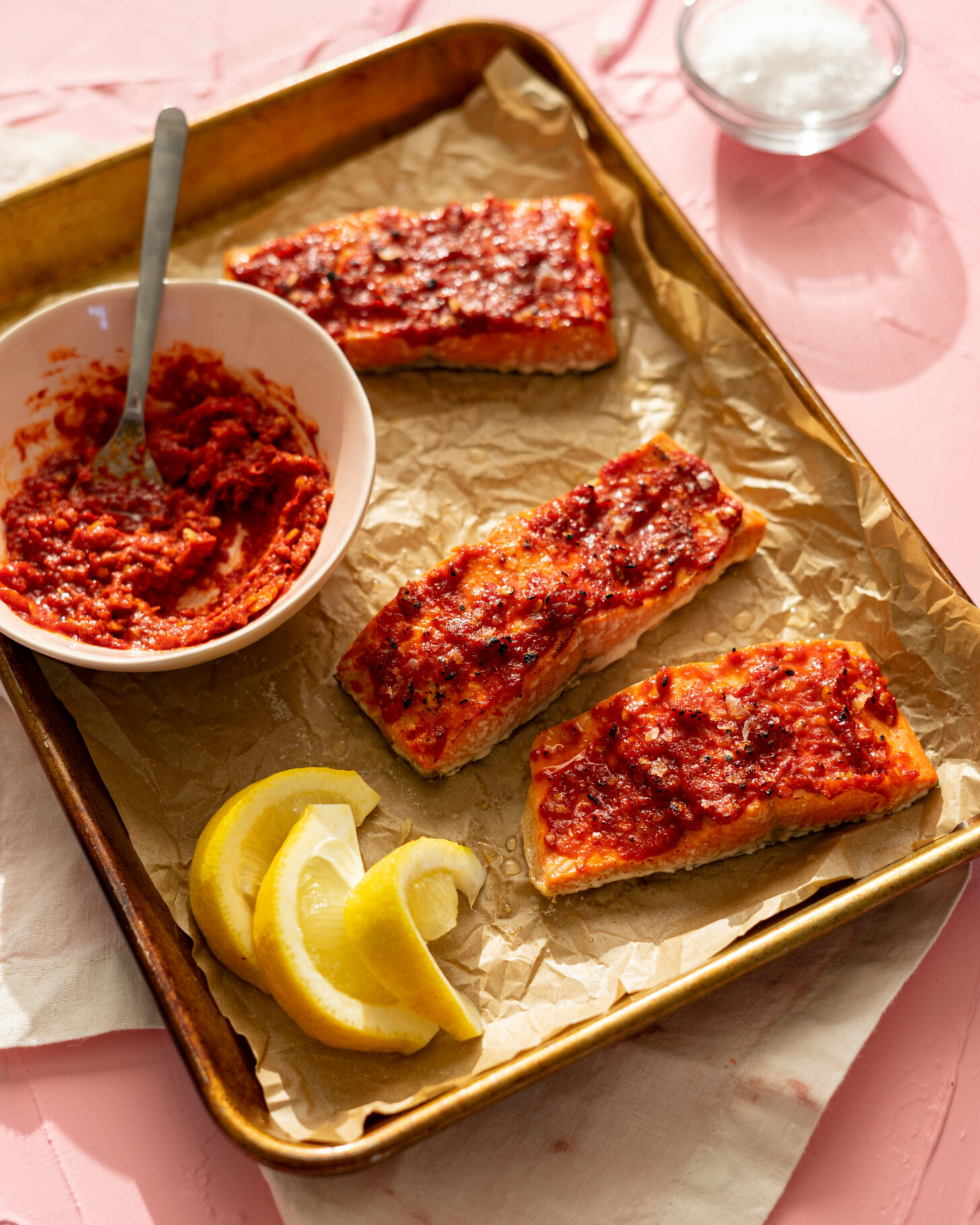 Harissa-Glazed Salmon with Roasted Sweet Potatoes