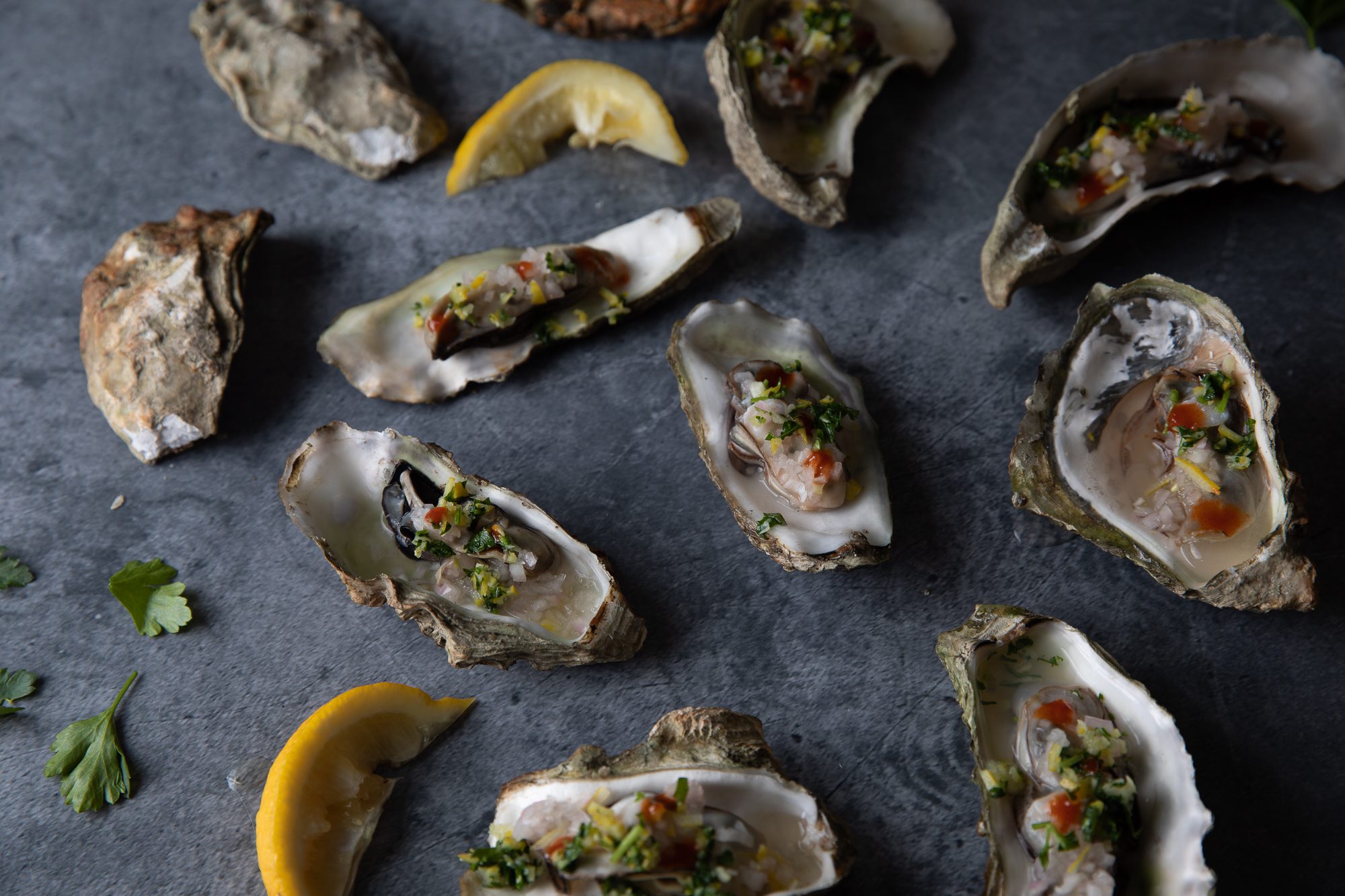 Char-Grilled Oysters with Smoked Tomato Mignonette