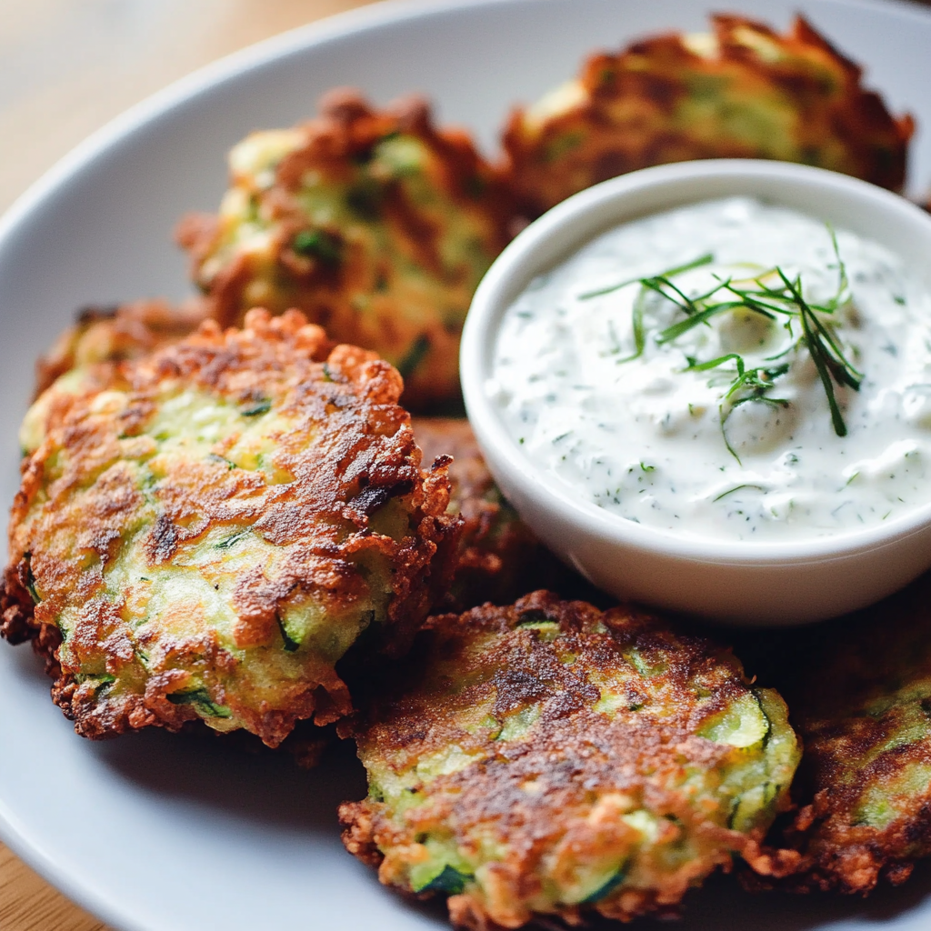 Parmesan-Crusted Zucchini Fritters with Dill Yogurt Dip