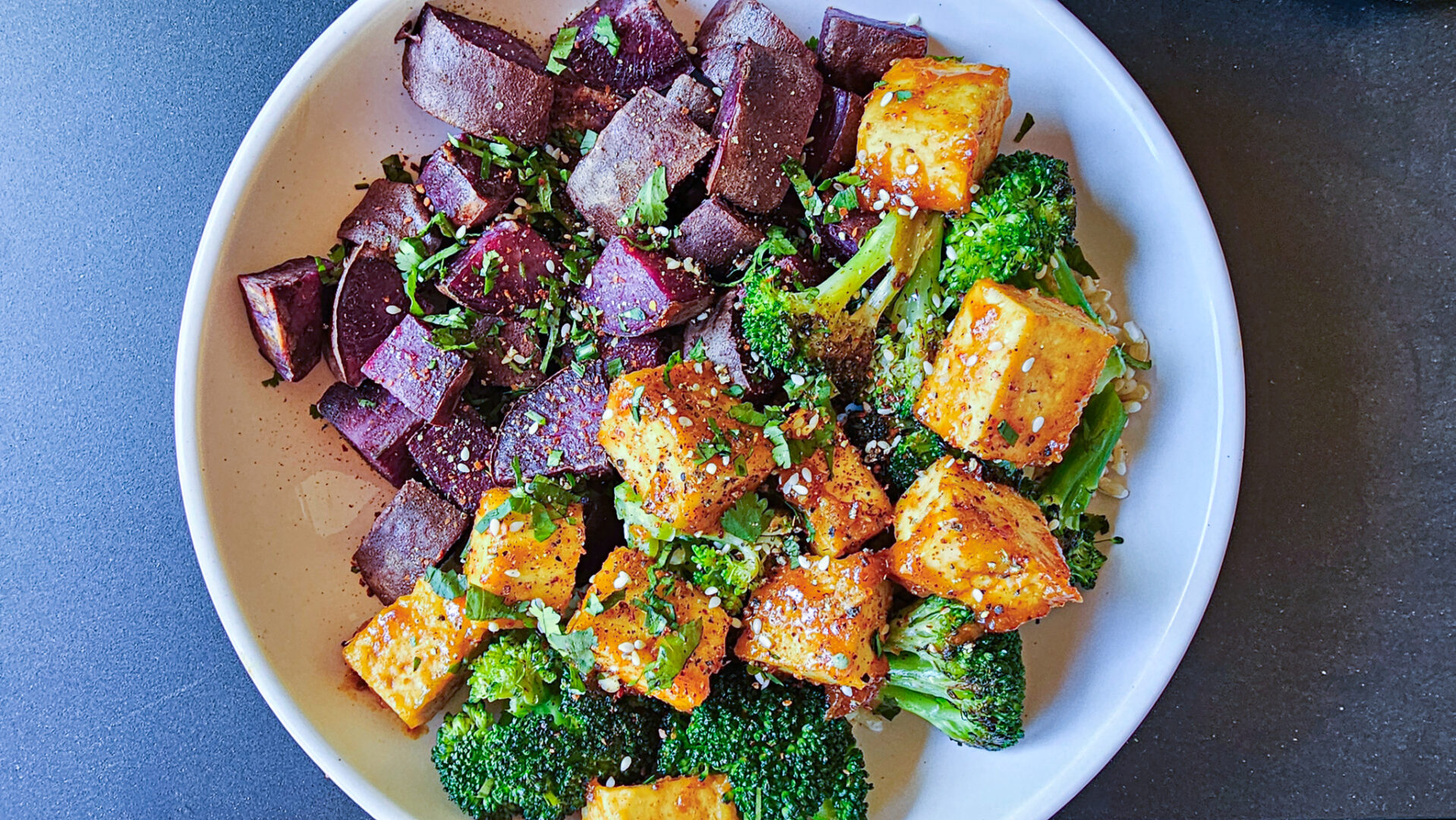 Miso-Glazed Tofu with Roasted Sweet Potatoes and Broccoli