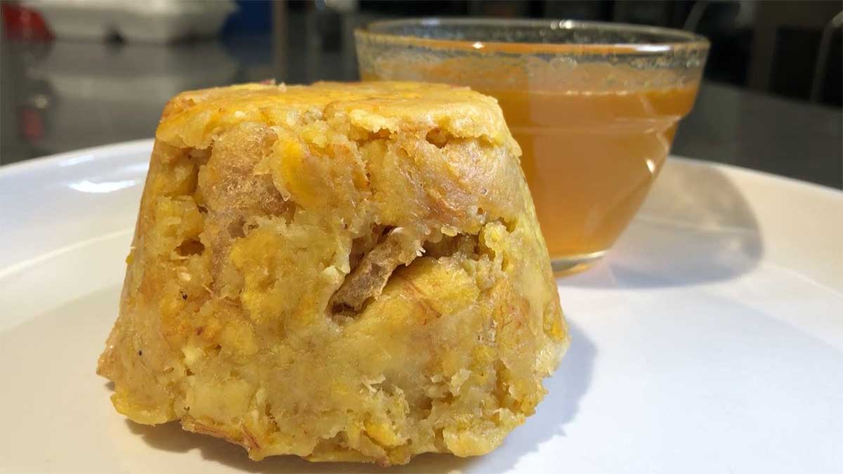 Mofongo with Chicharrón and Green Sauce