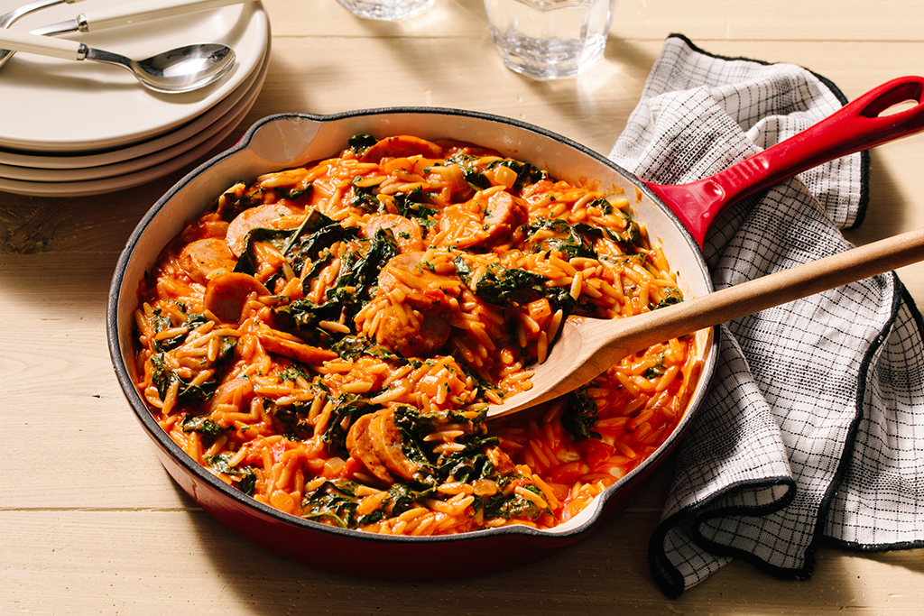One Pot Chicken, Sausage, and Orzo with Dill