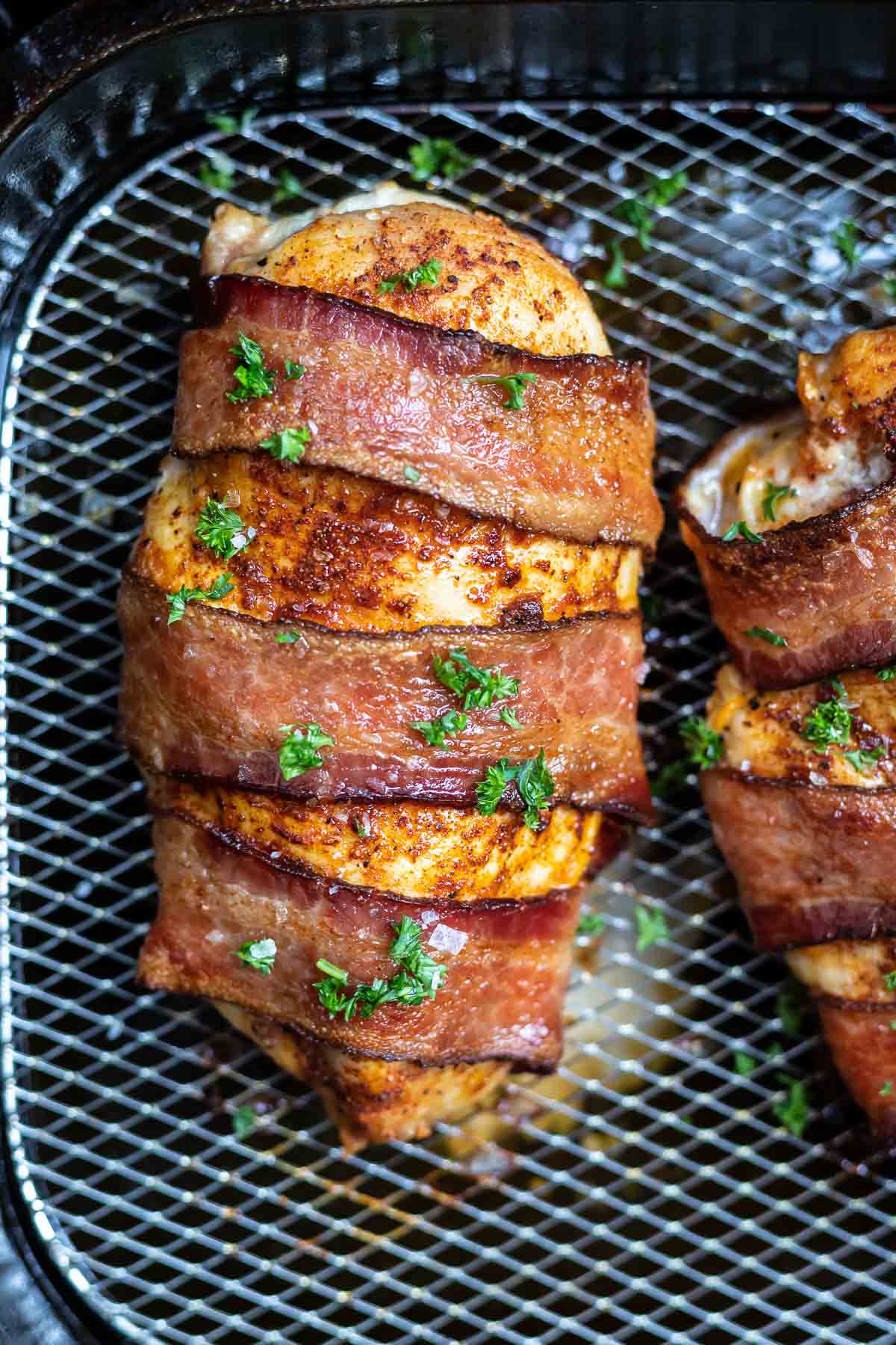 Air Fryer Bacon-Wrapped Chicken Thighs with Garlic Butter