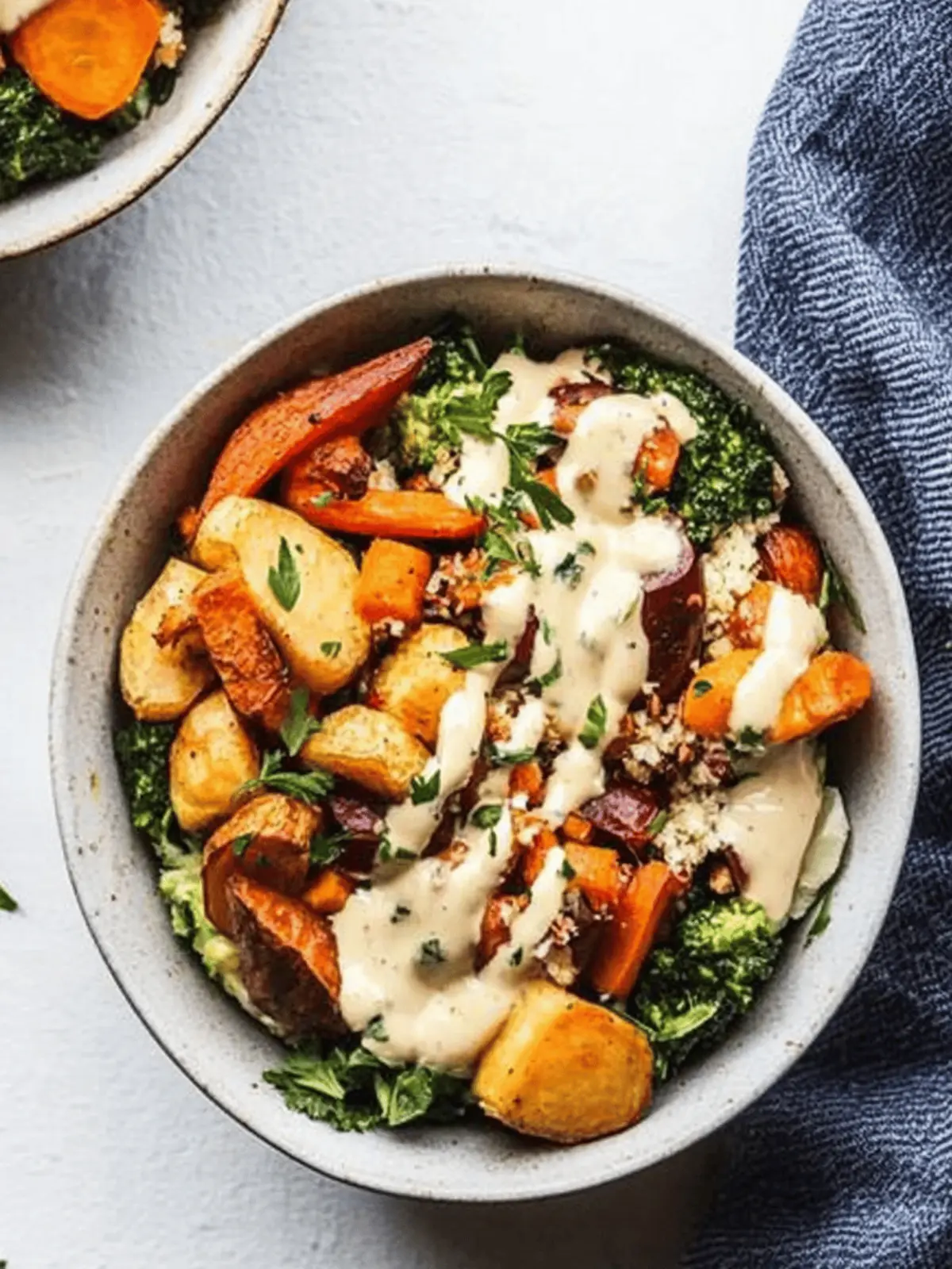 Rosemary-Roasted Root Vegetable Bowl with Lemon-Tahini Dressing