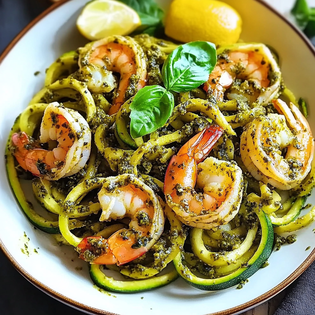 Sautéed Zucchini Noodles with Garlic Shrimp and Basil Pesto