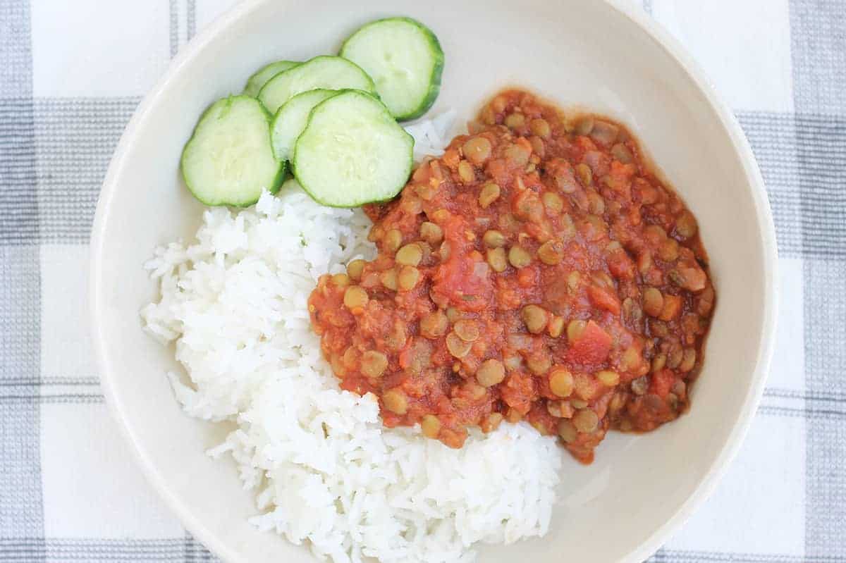 Vegetable-Infused Lentil Rice and Pasta with Tahini-Tomato Sauce