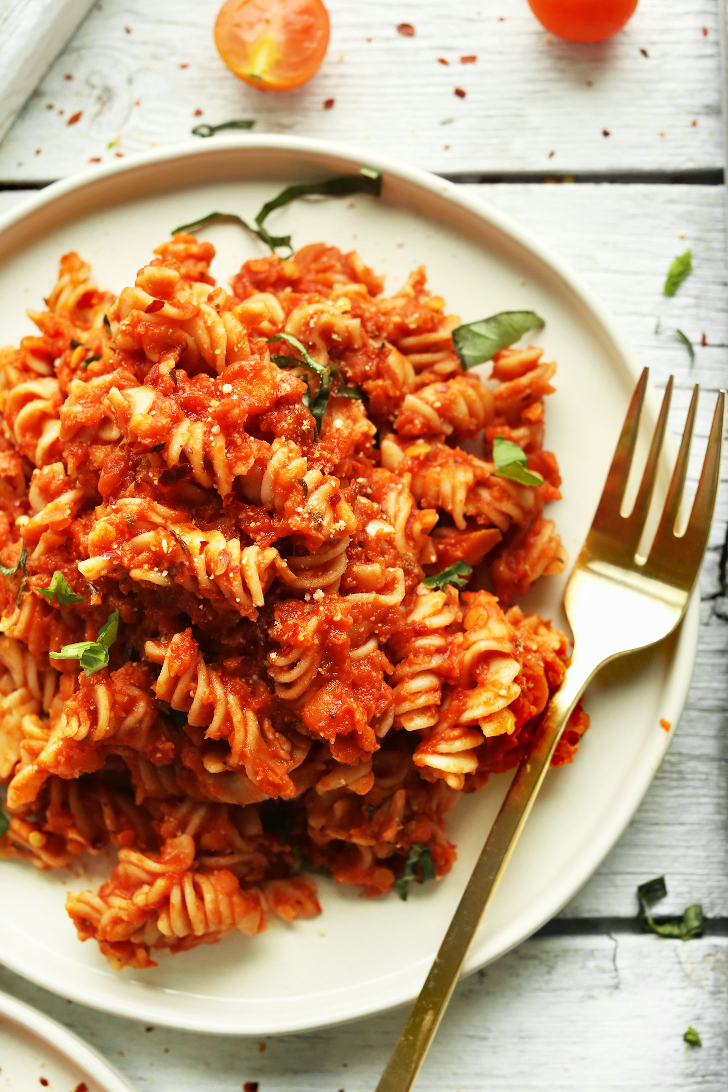 Quick Lentil and Pasta with Spicy Tomato and Fried Onion Topping