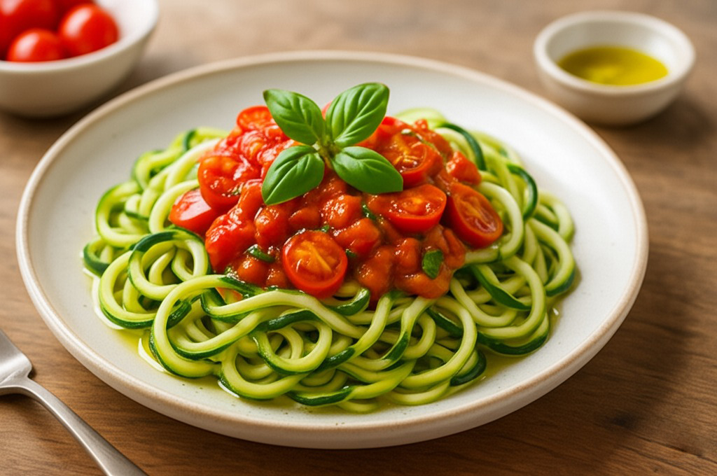 Stir-Fried Zucchini Noodles with Tomato-Basil Sauce