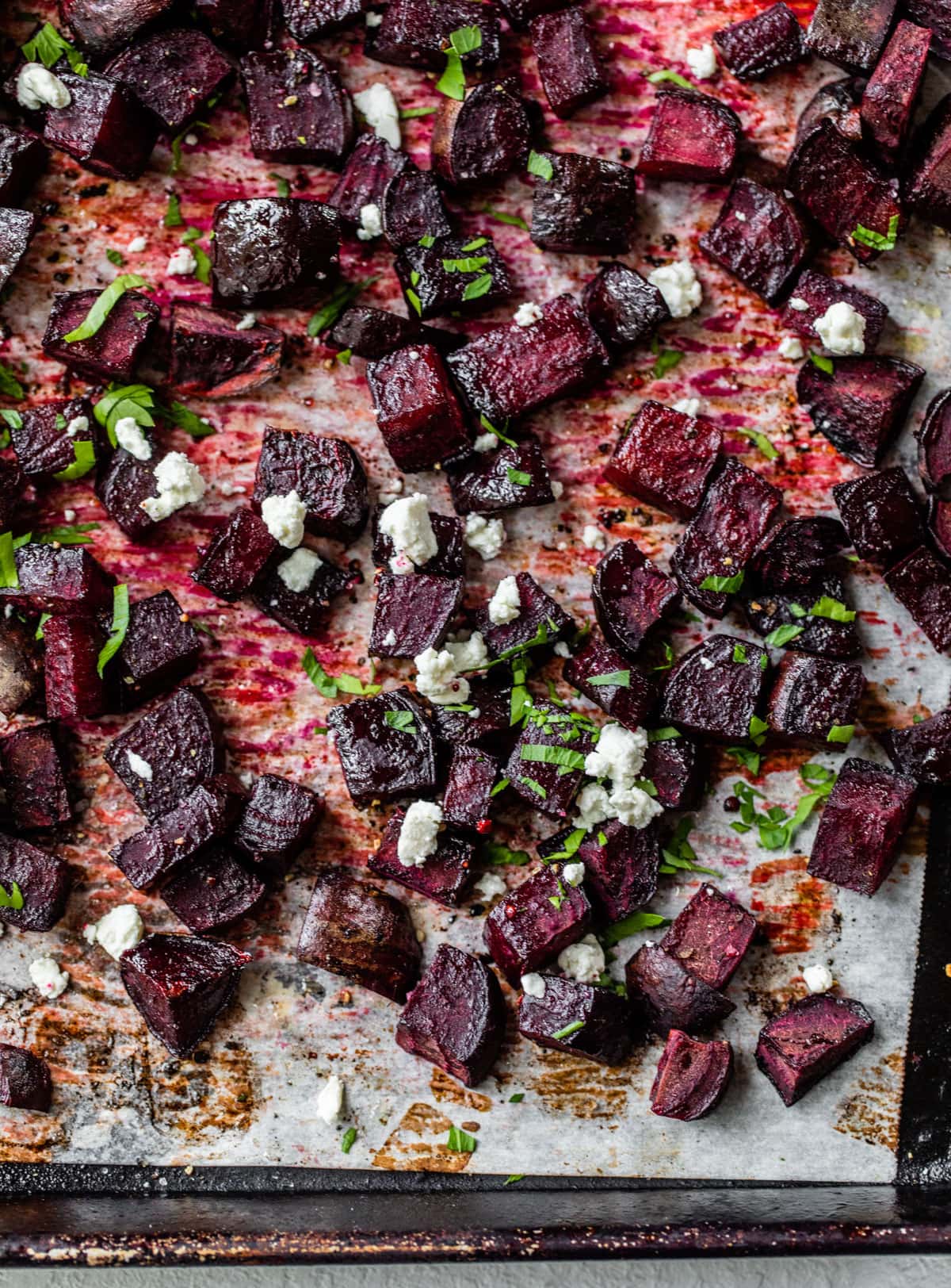 Sheet Pan Roasted Beets with Goat Cheese and Fresh Thyme