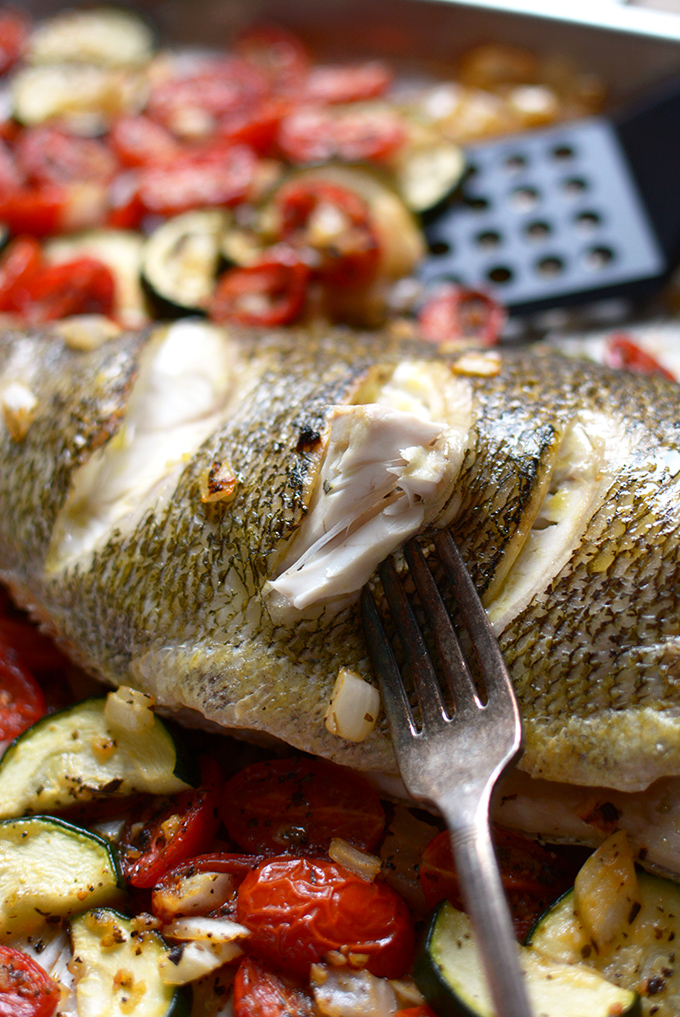 Grilled Lemon-Dill Bass with Roasted Summer Vegetables