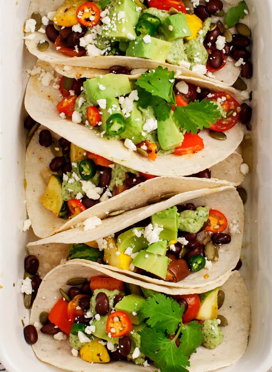 Southwestern Vegetable Tacos with Roasted Tomatillo Salsa