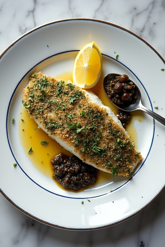 Harissa-Crusted Sea Bass with Lemon and Olives