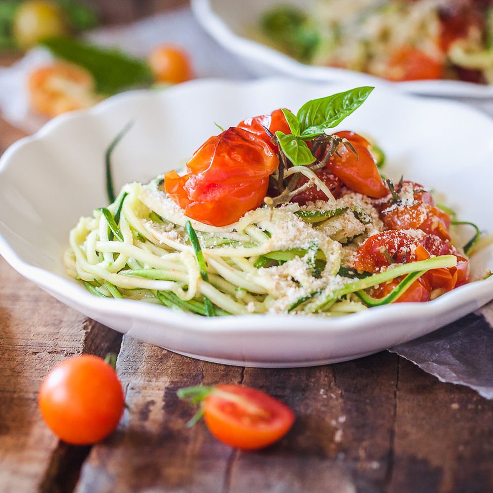 Sautéed Zucchini Noodles with Cherry Tomatoes and Basil