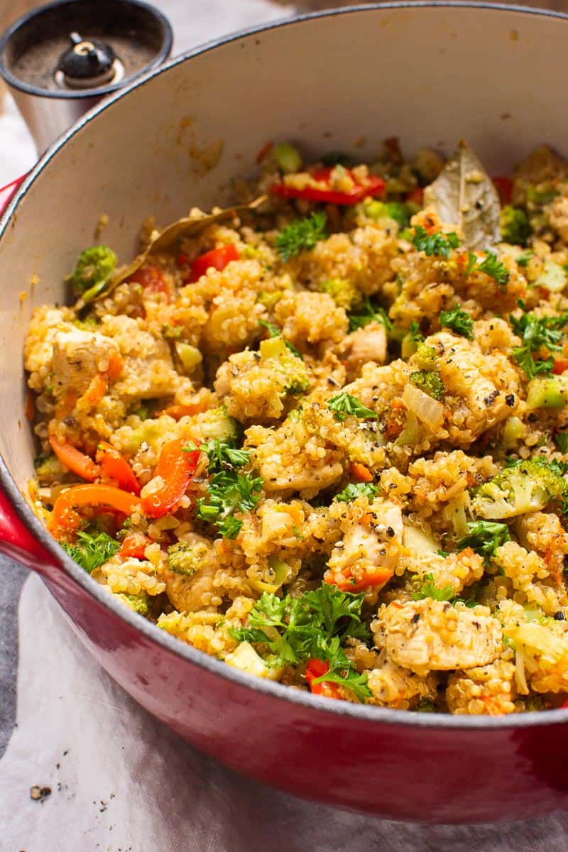 One Pot Cumin-Spiced Chicken and Quinoa with Roasted Bell Peppers