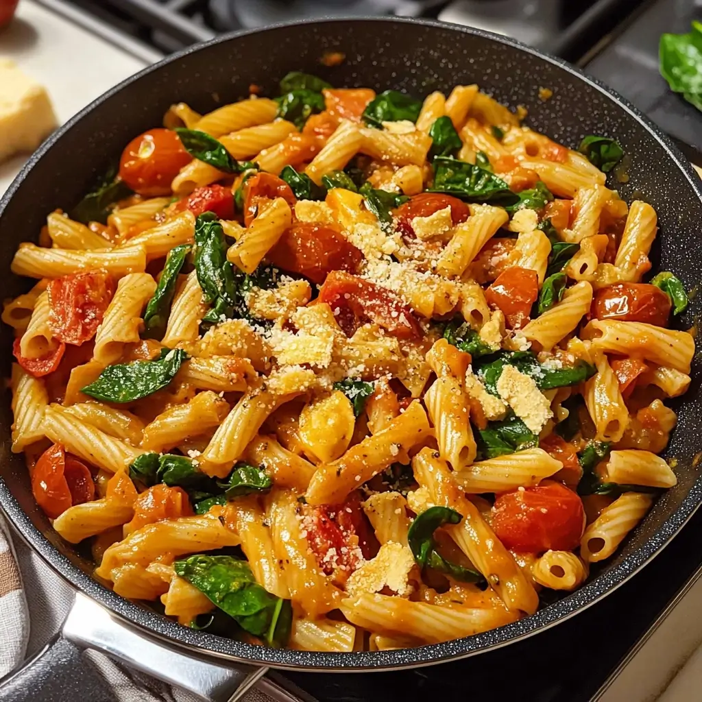 One-Pan Tomato Spinach Pasta with Mozzarella