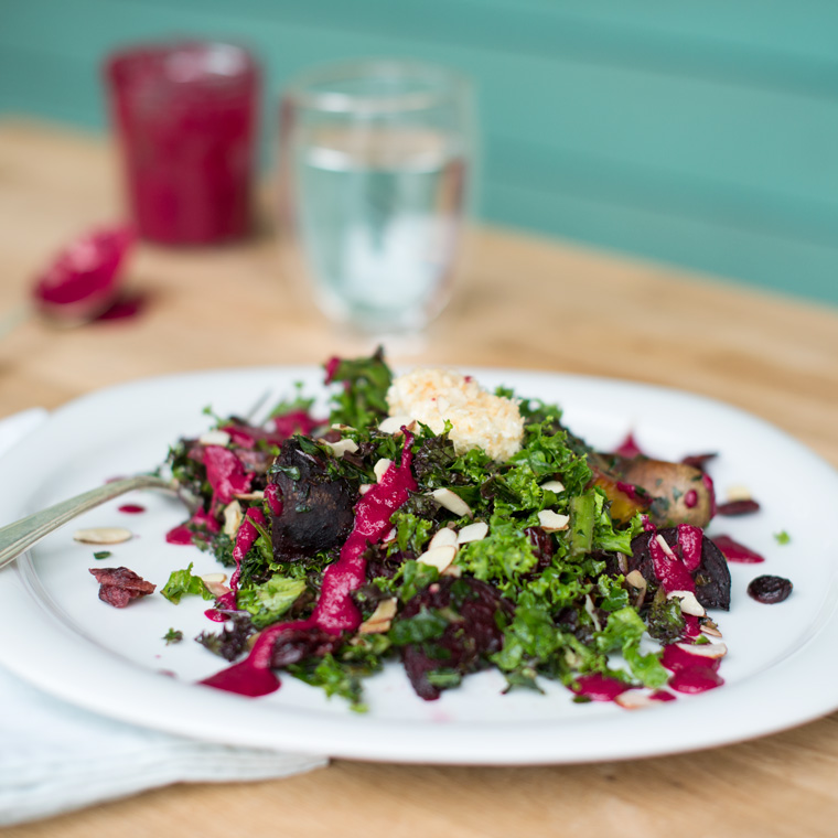 Roasted Beet and Kale Salad with Lemon-Tahini Dressing