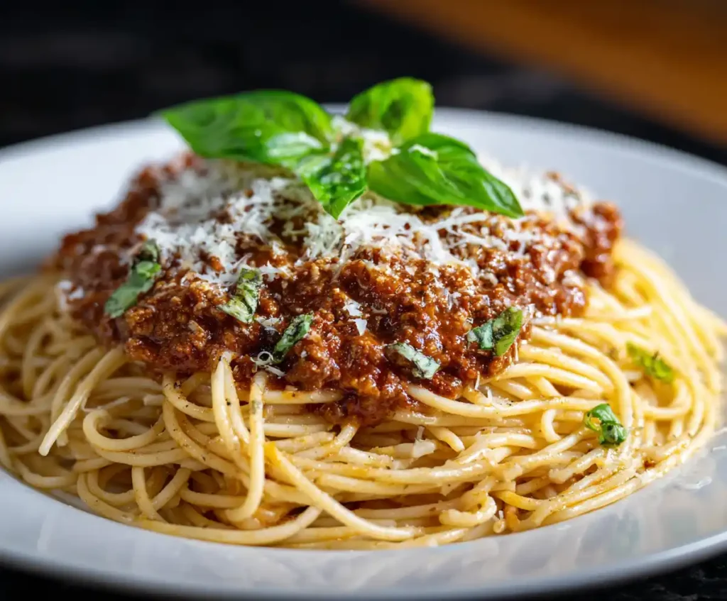 Traditional Italian Spaghetti Bolognese with Parmesan and Basil