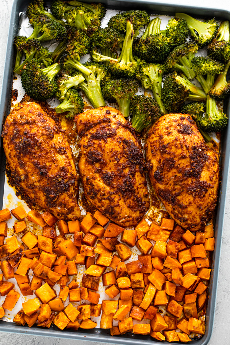 Honey-Mustard Chicken with Roasted Sweet Potatoes and Broccoli