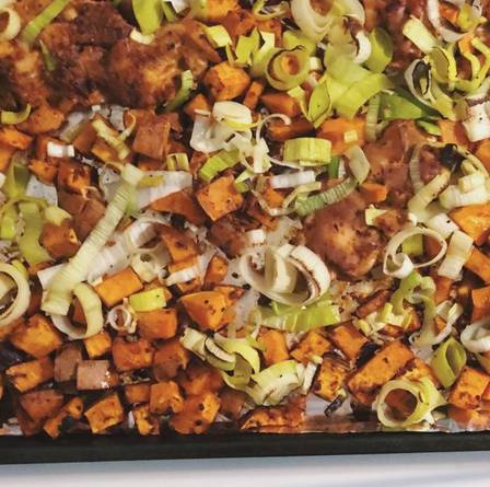 Sheet Pan Harissa Pork with Sweet Potatoes and Kale